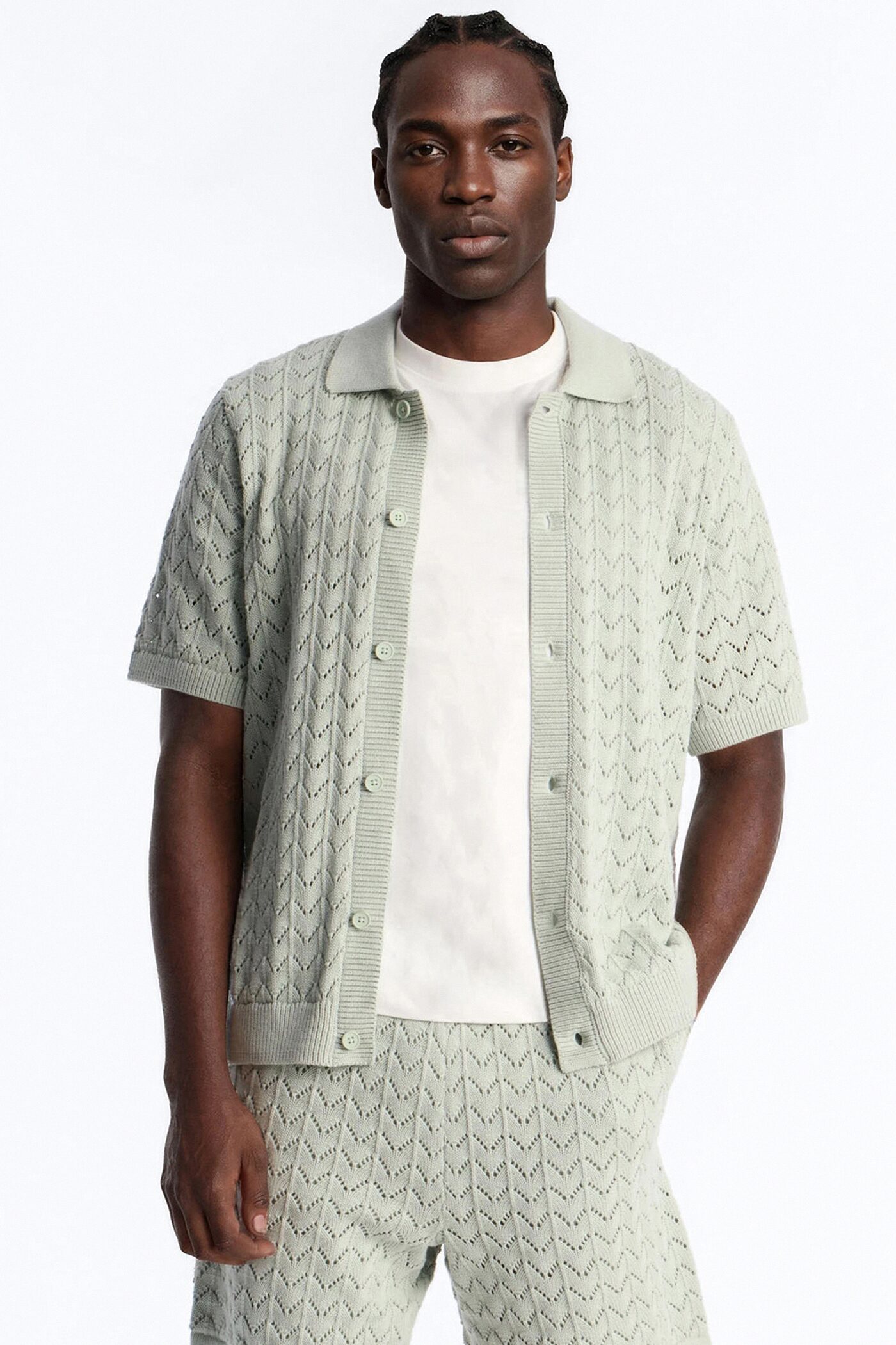 Waterfall Texture Open Knit Shirt - Sage