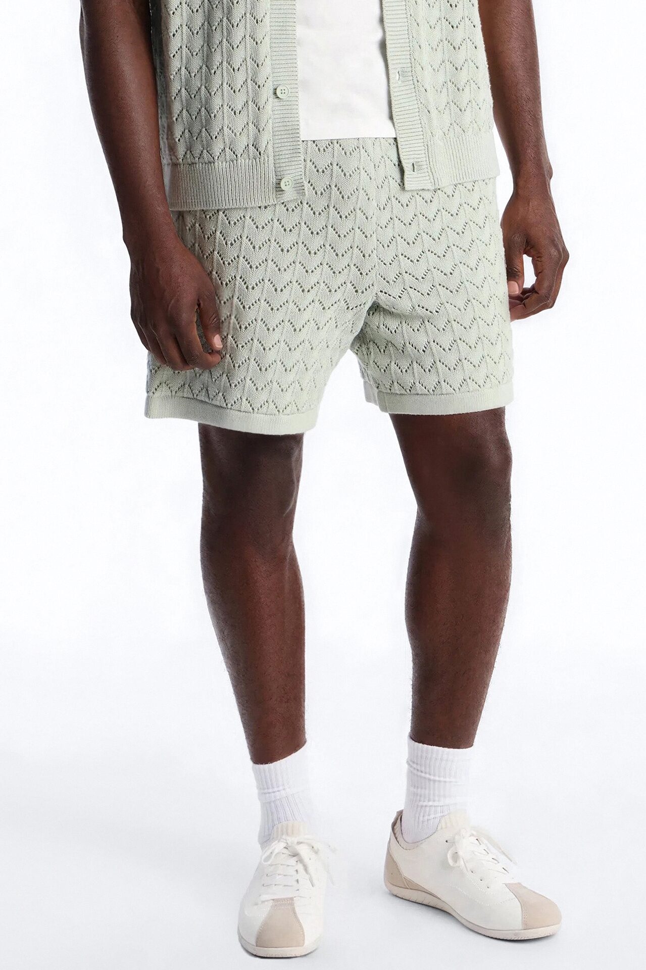 Waterfall Texture Open Knit Shorts - Sage