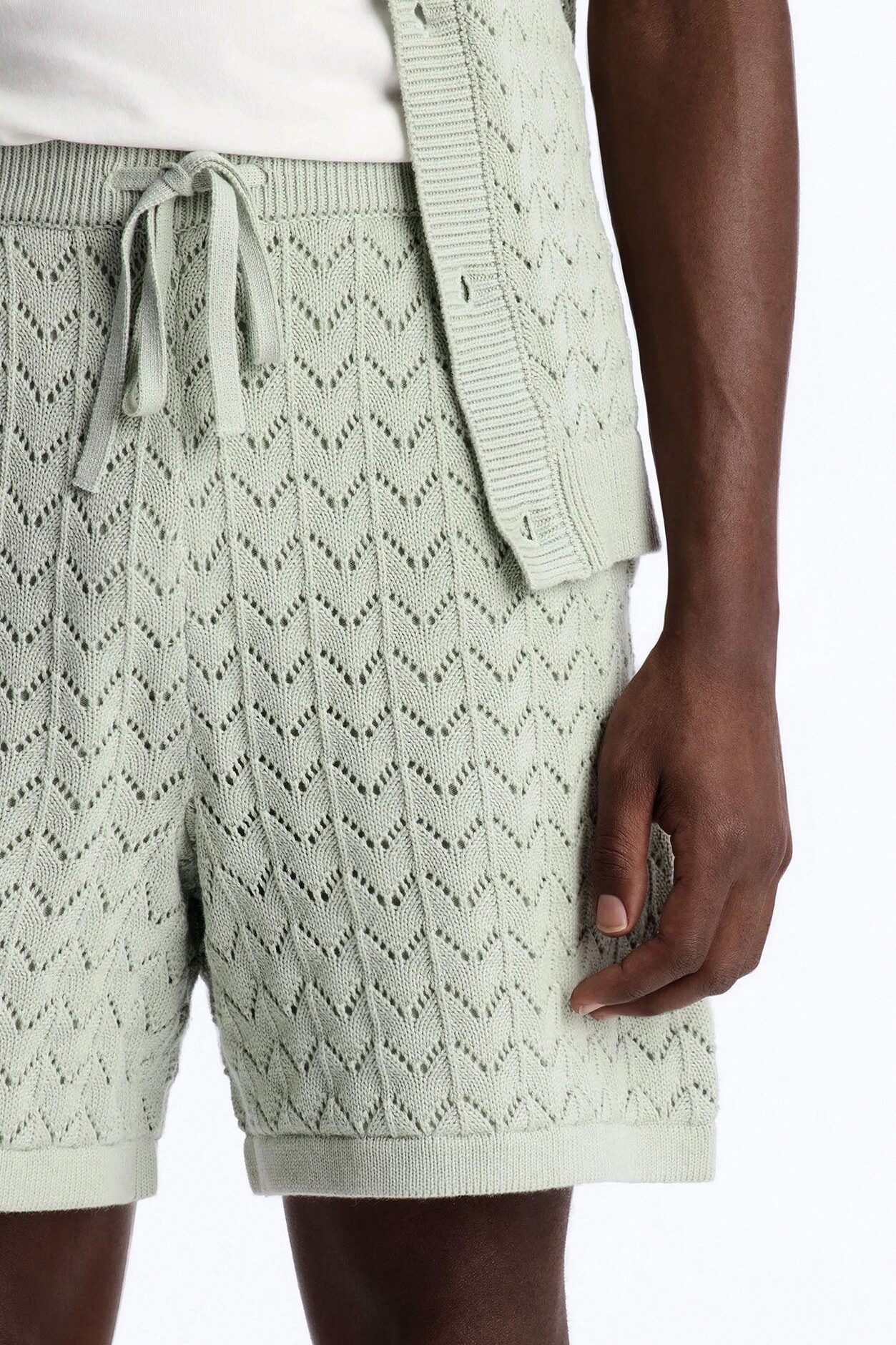 Waterfall Texture Open Knit Shorts - Sage