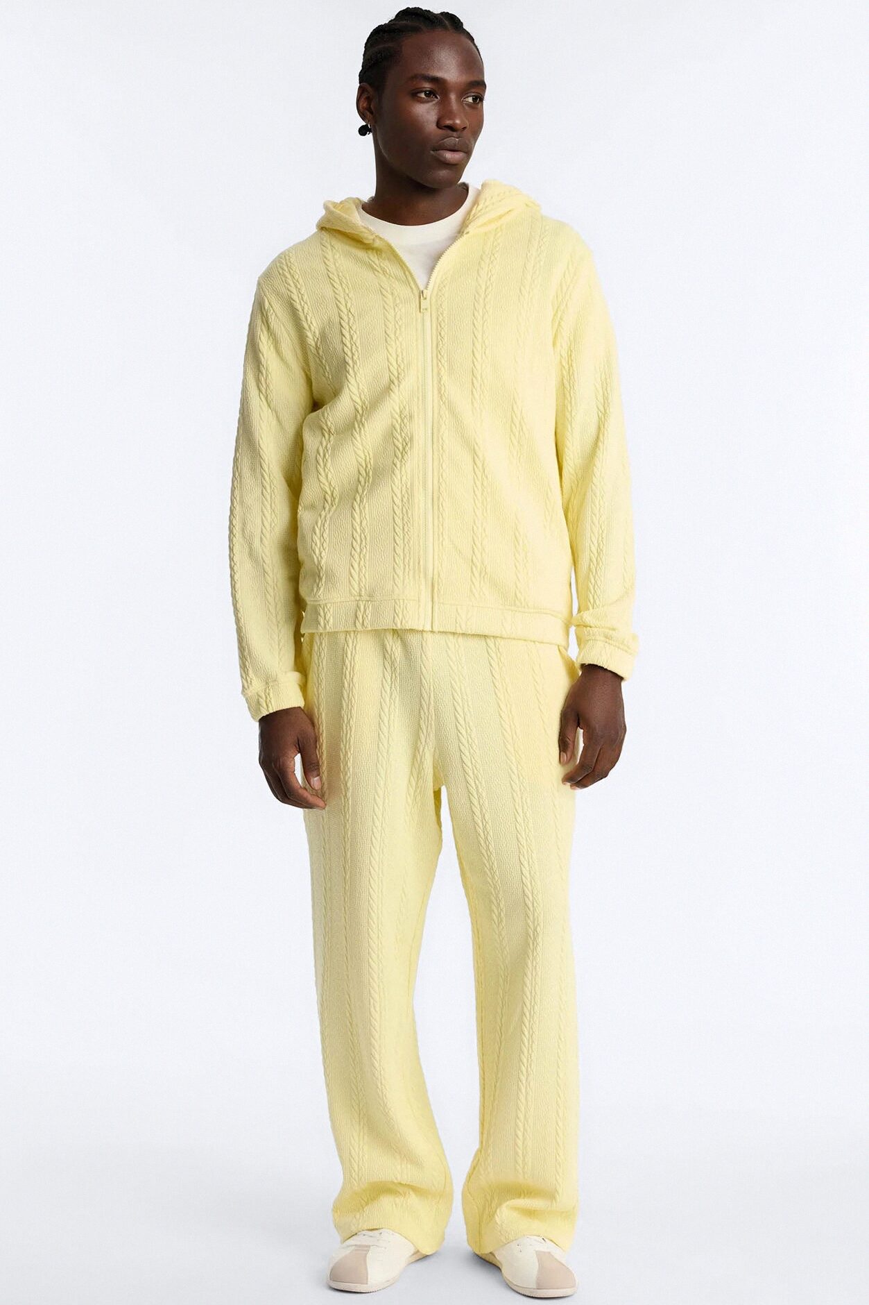 Textured Cozy Braided Hooded Jacket - Butter Yellow