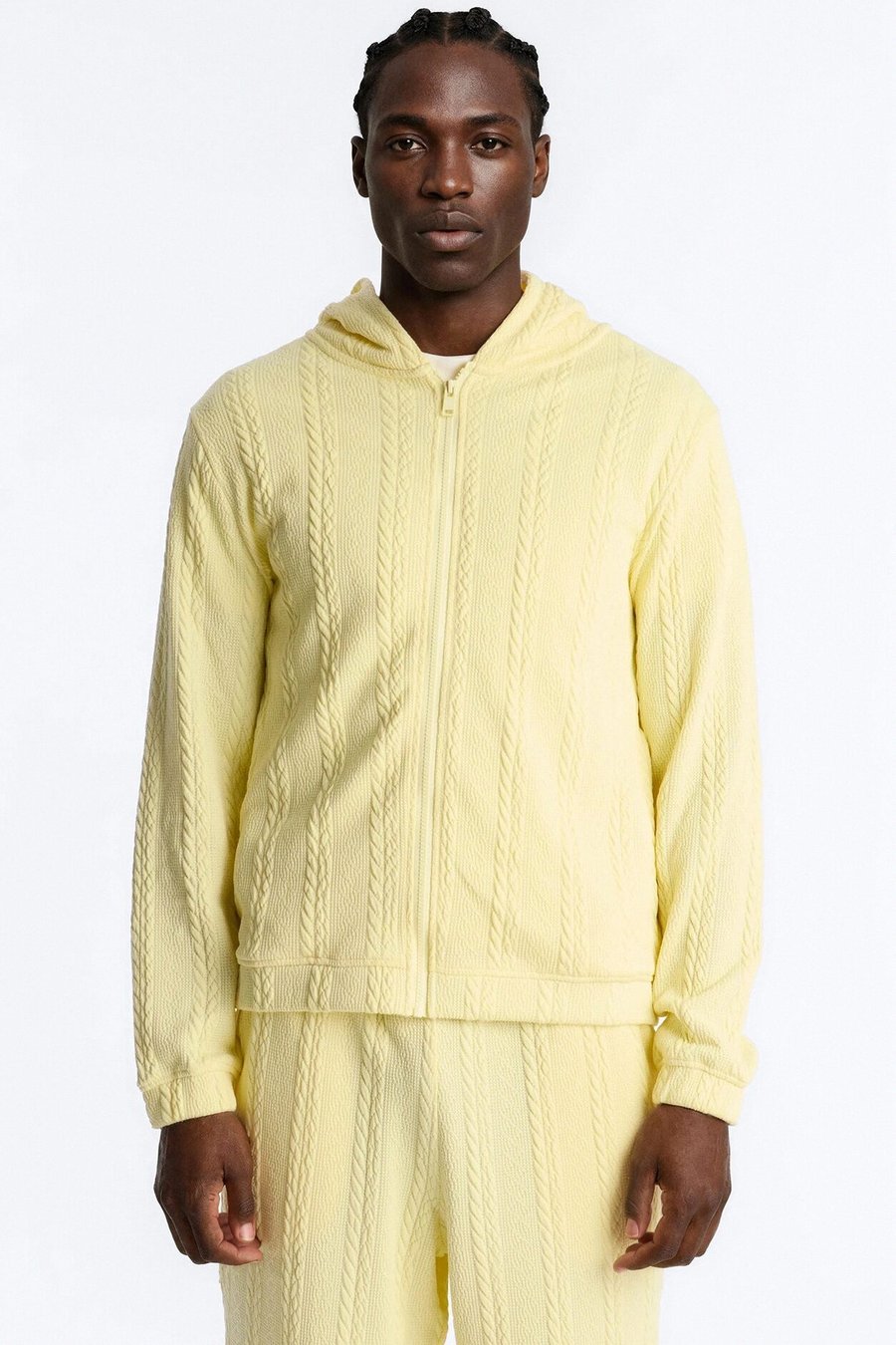 Textured Cozy Braided Hooded Jacket - Yellow