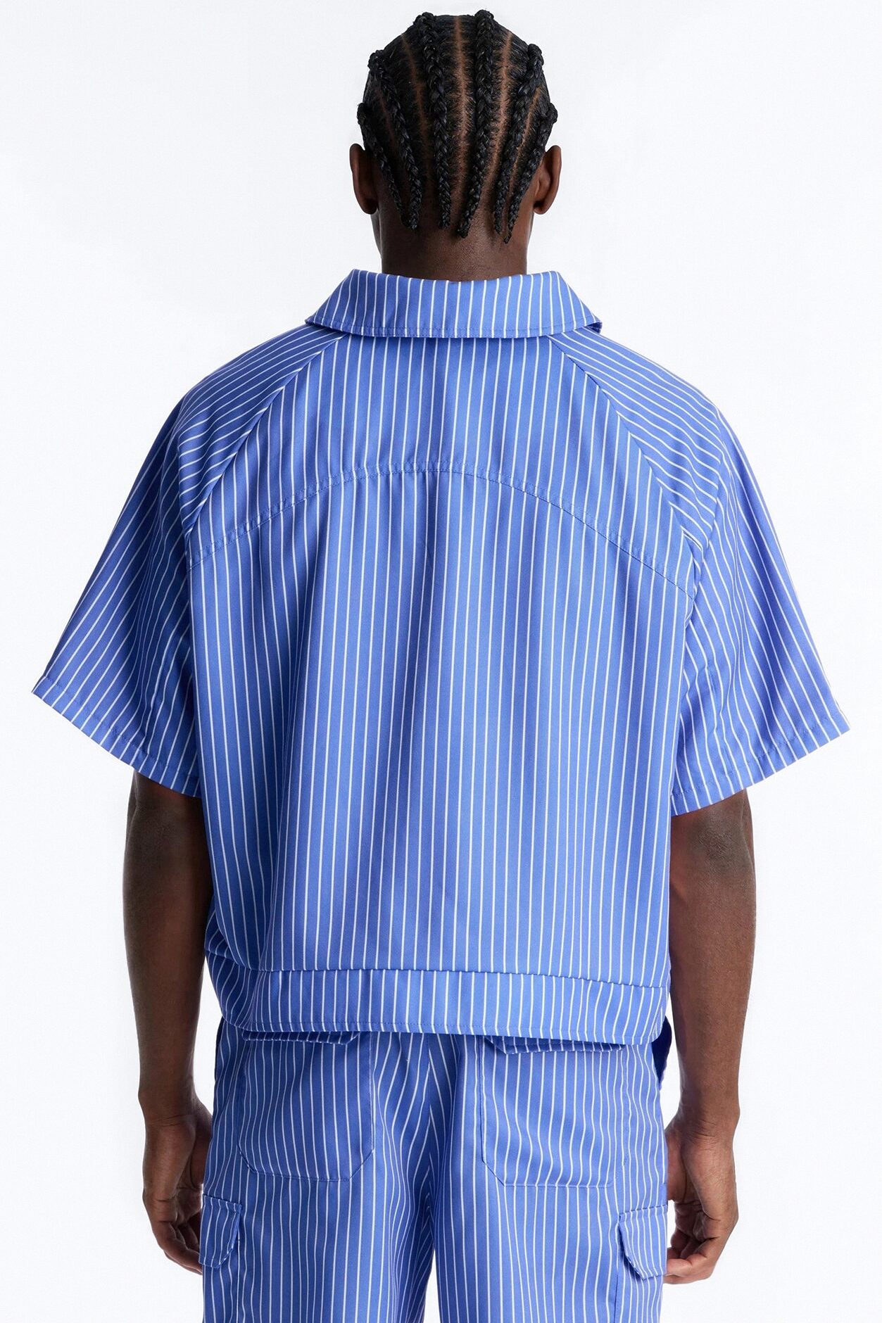 Boxy Cropped Desert Dunes Striped Button Up Shirt - Blue