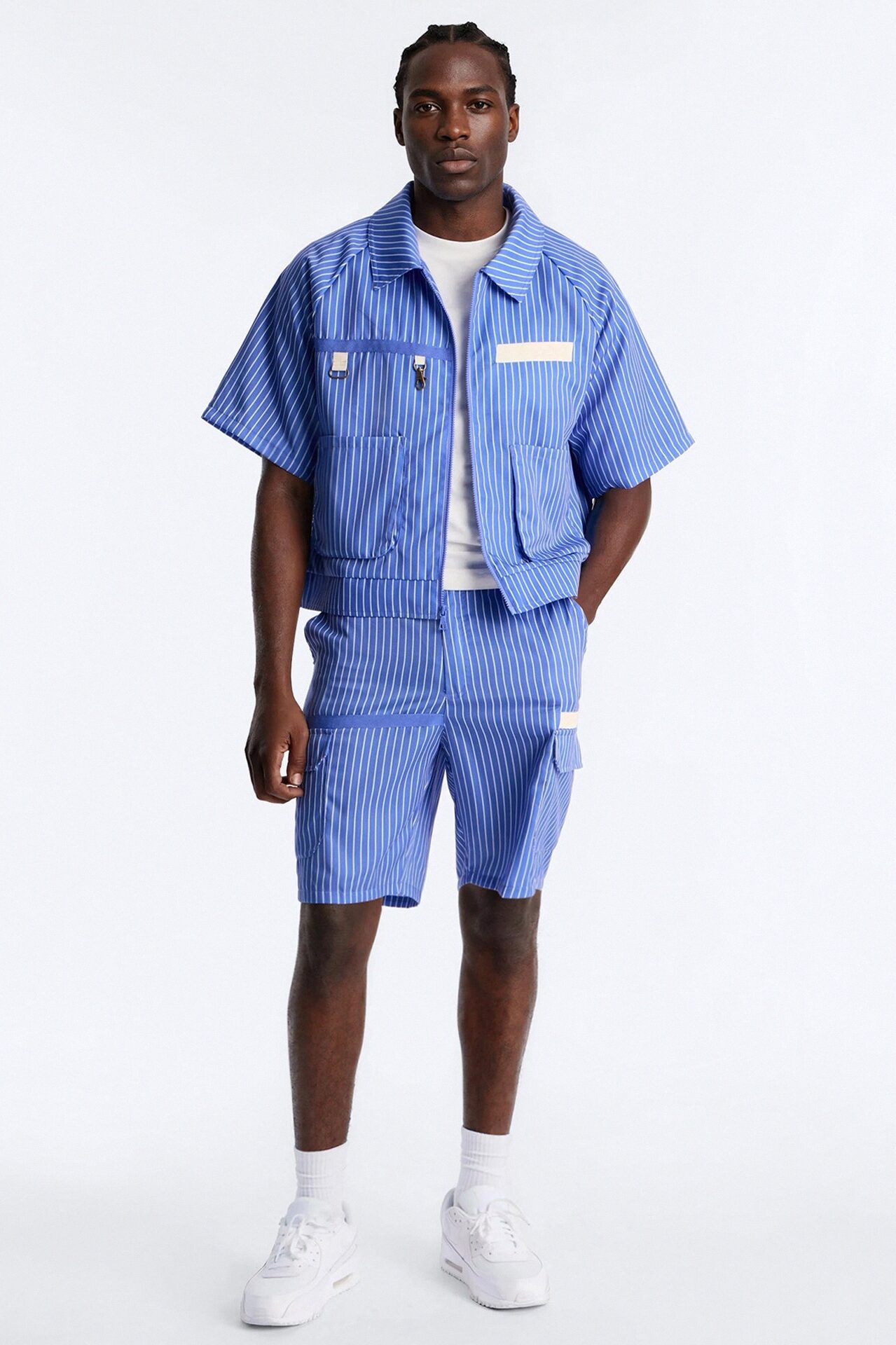 Boxy Cropped Desert Dunes Striped Button Up Shirt - Blue