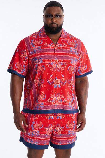 Relaxed Mirage Bloom Cuban Collar Button Shirt - Red
