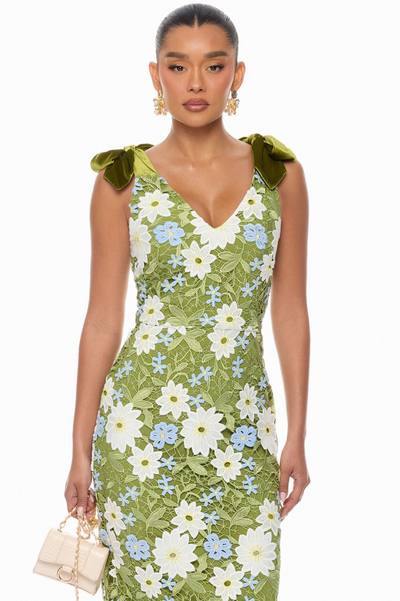 Dani Floral Embroidered Midi Dress - Chartreuse