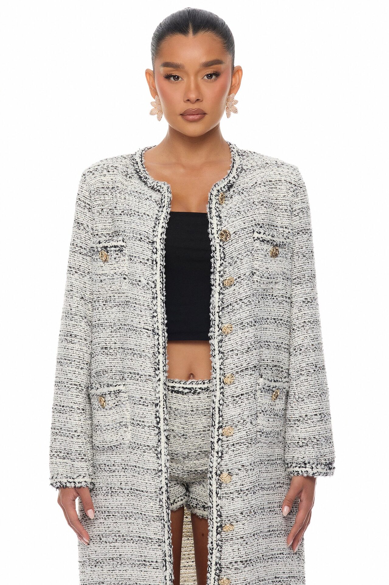 Kaela Embellished Tweed Long Cardigan - Black/White
