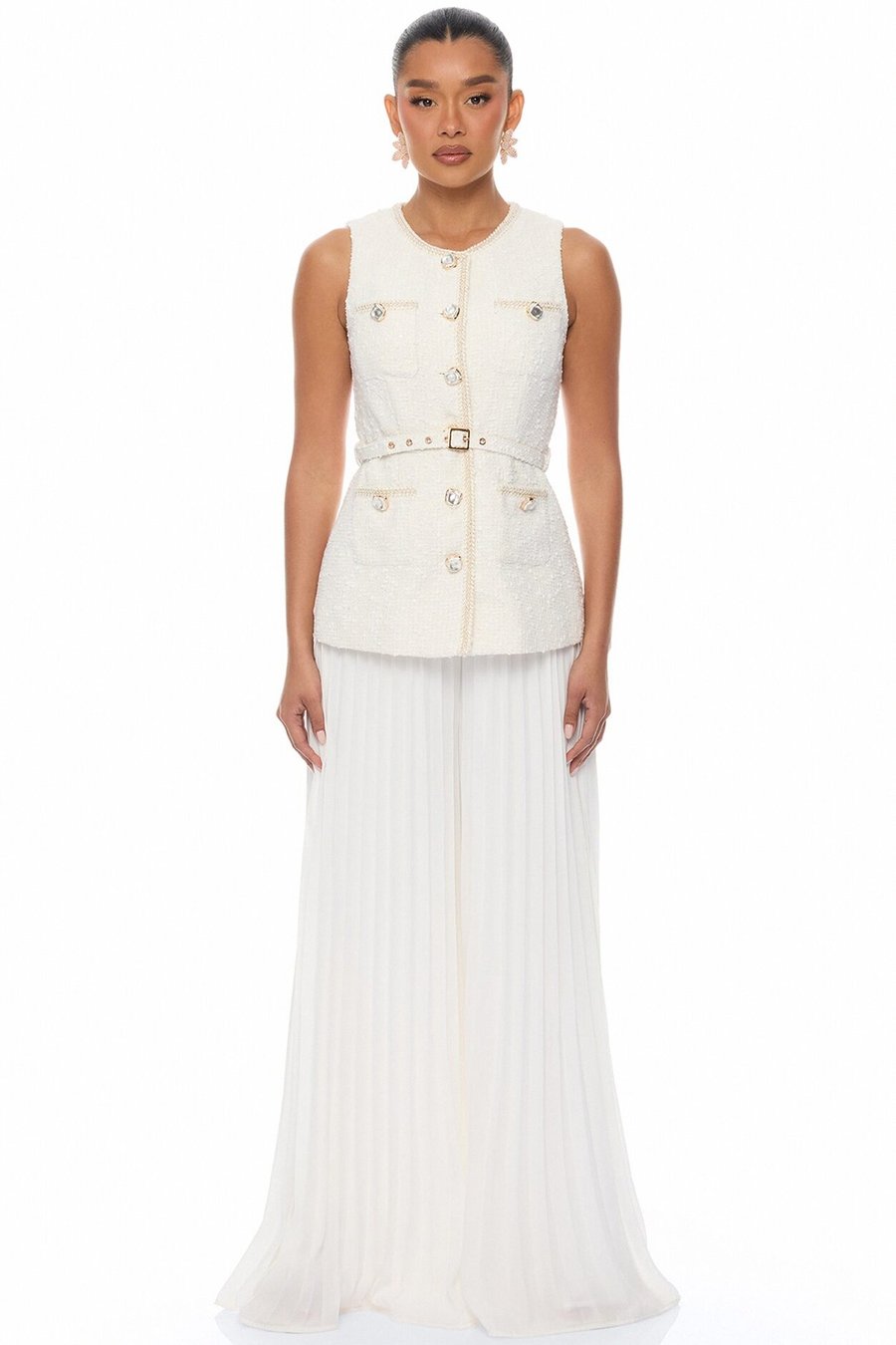 Down The Coast Tweed Pleated Pant Set - White