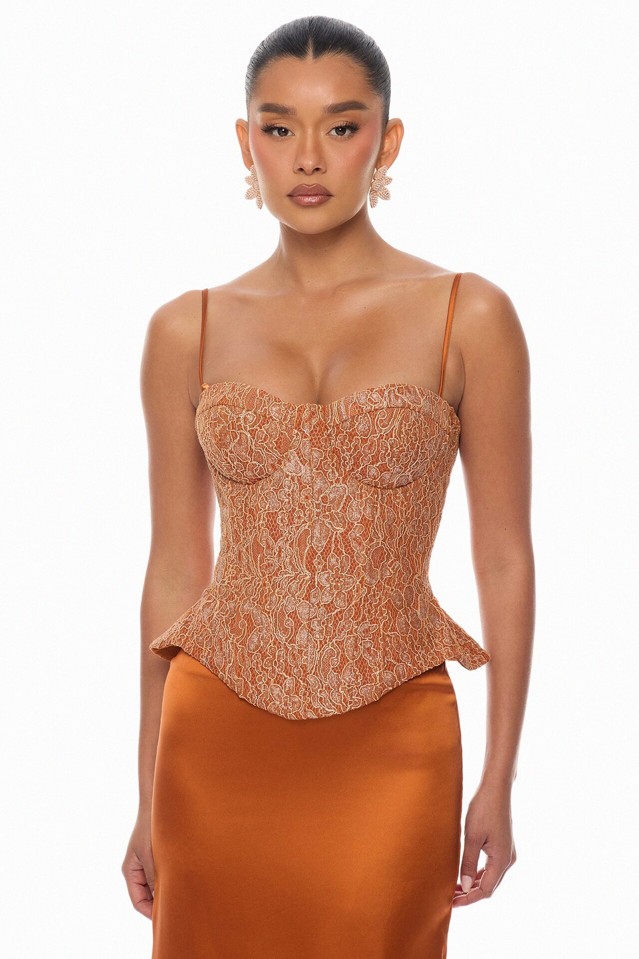 Gabriella Glitter Corset Satin Skirt Set - Copper
