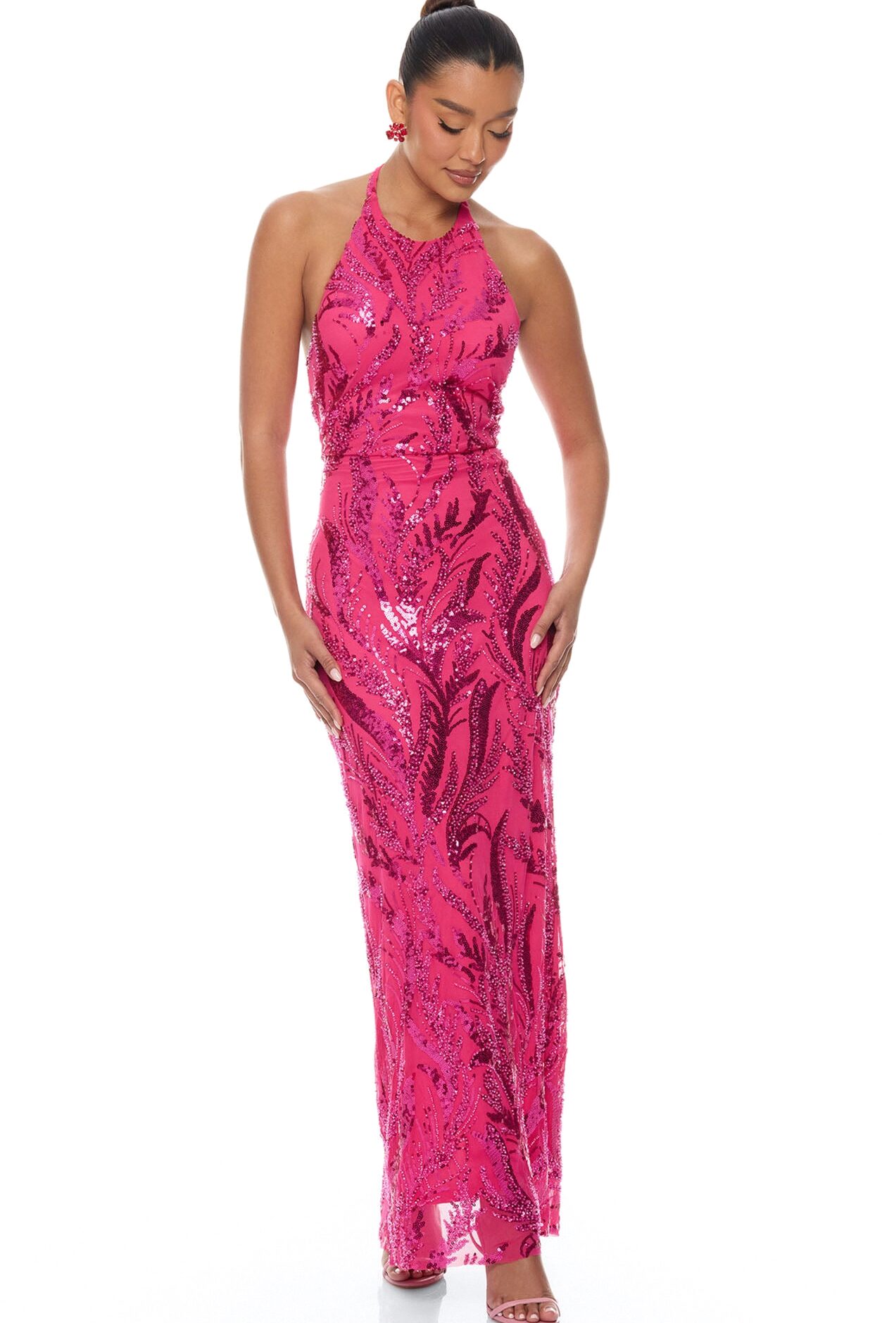 Darrah Halter Embellished Maxi Dress - Hot Pink