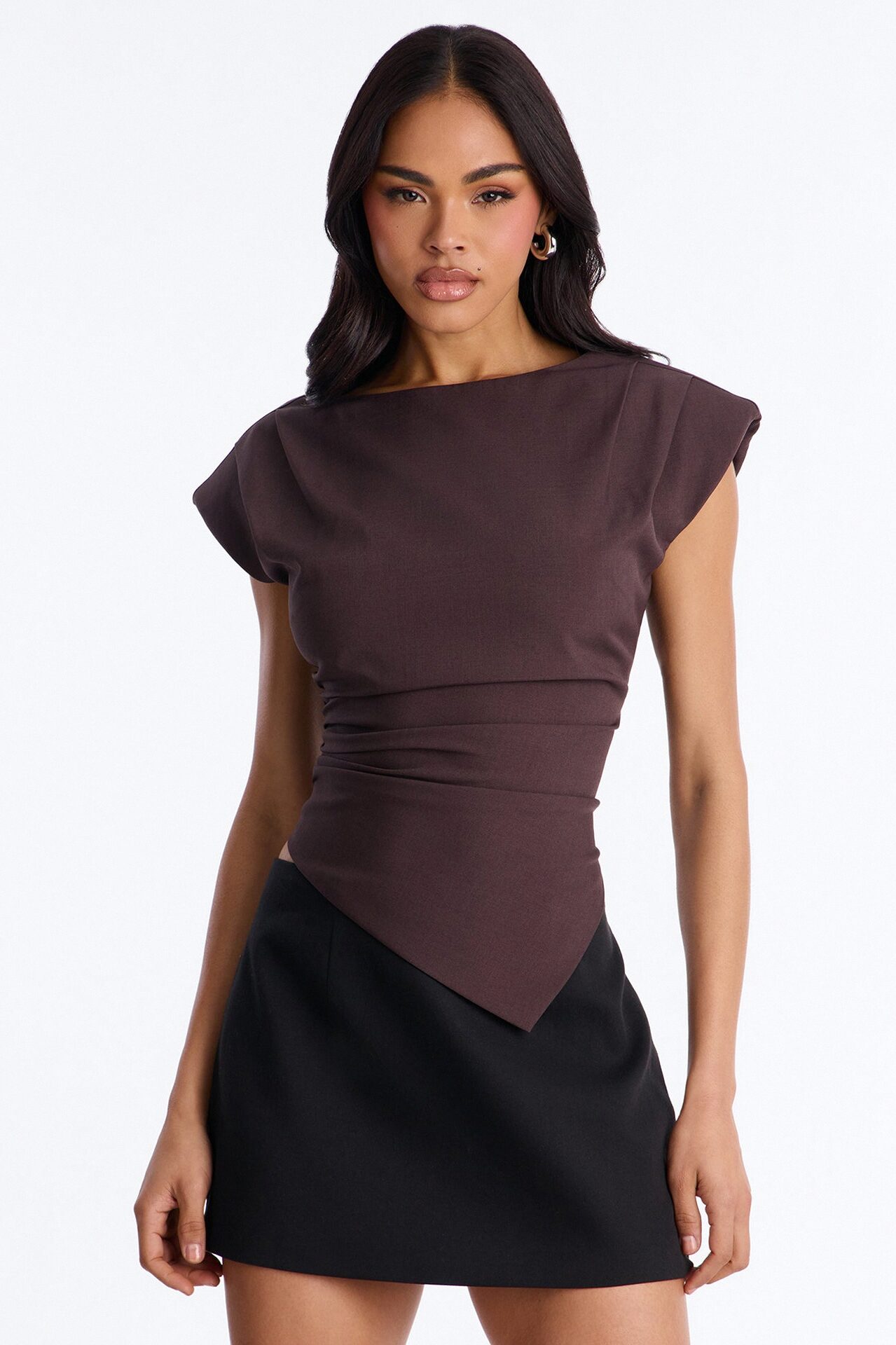 Girl At Work Shoulder Pads Ruched Top - Brown