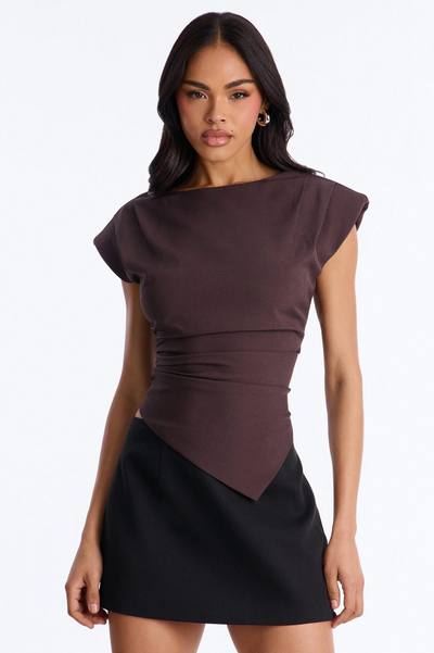 Girl At Work Shoulder Pads Ruched Top - Brown