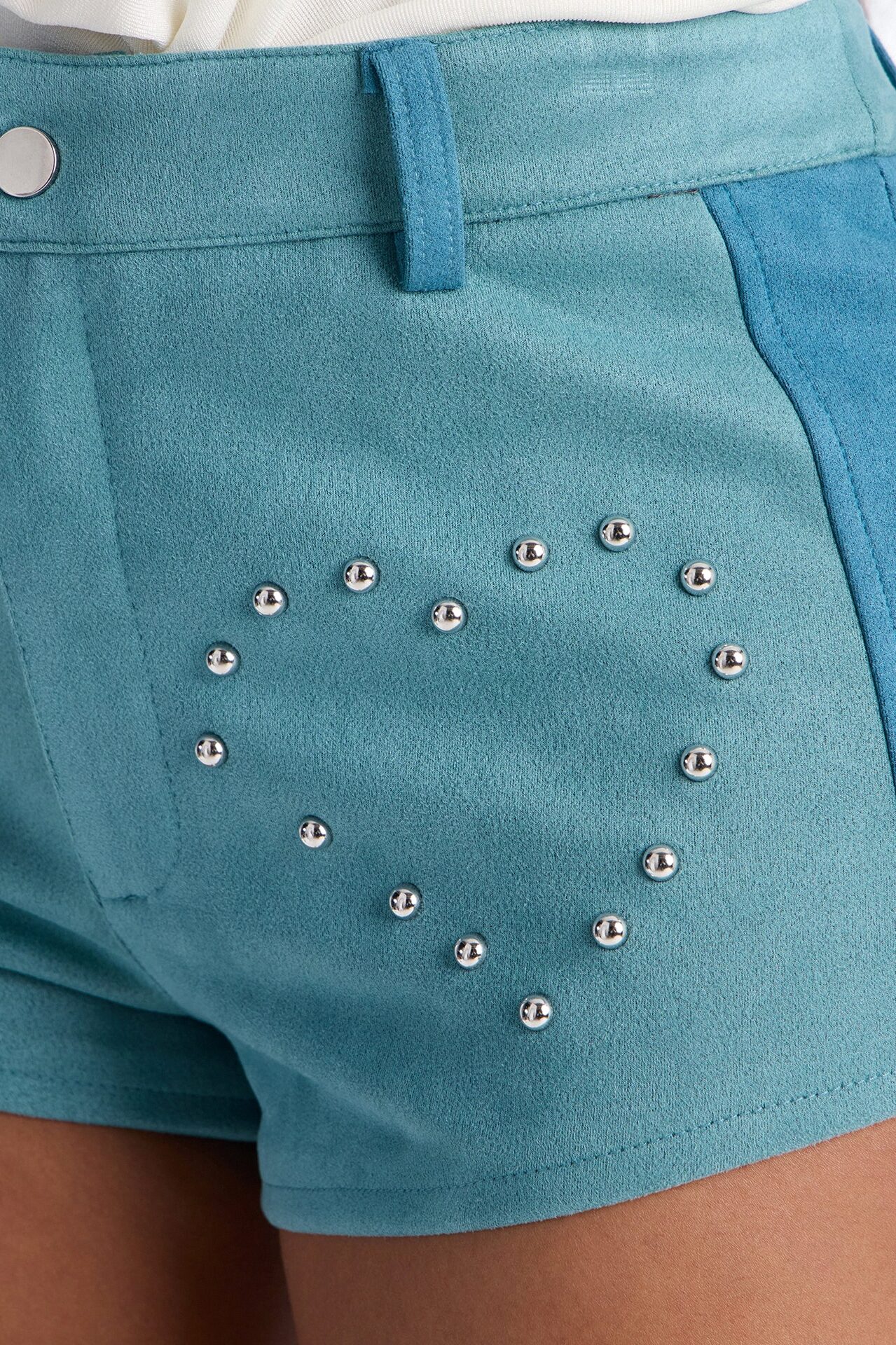 Rodeo Cutie Fringe Studded Faux Suede Hot Short - Turquoise