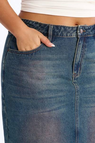 Adri Pink Tinted High Slit Denim Maxi Skirt - Vintage Wash