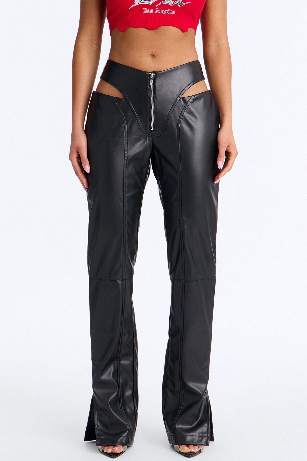 Midnight Rush Low Rise Faux Leather Cut Out Pant 33″ - Black