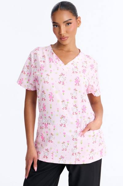 Spring Duckling Scrub Top - Pink/combo