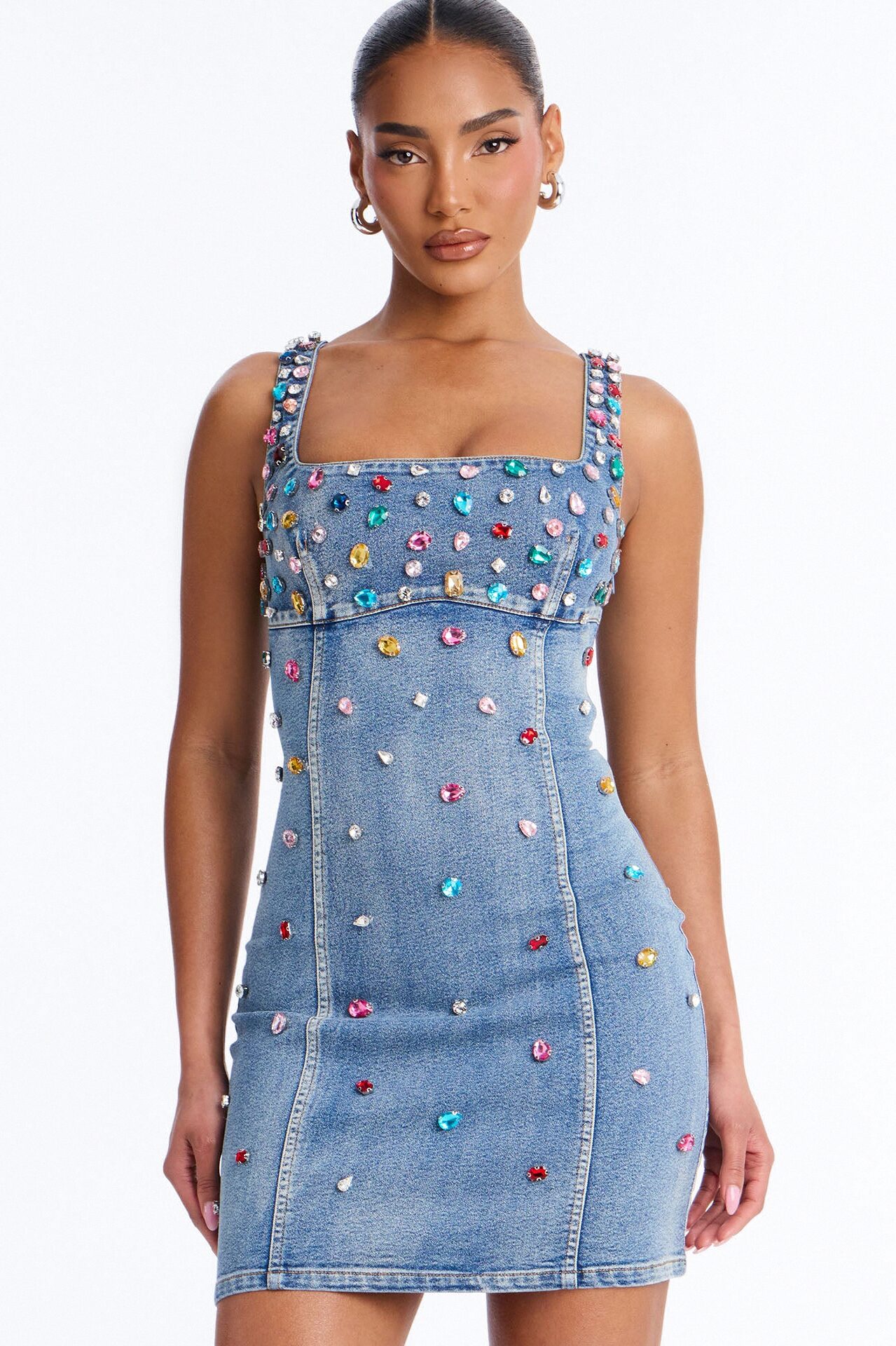 What A Gem Rhinestone Denim Mini Dress - Denim