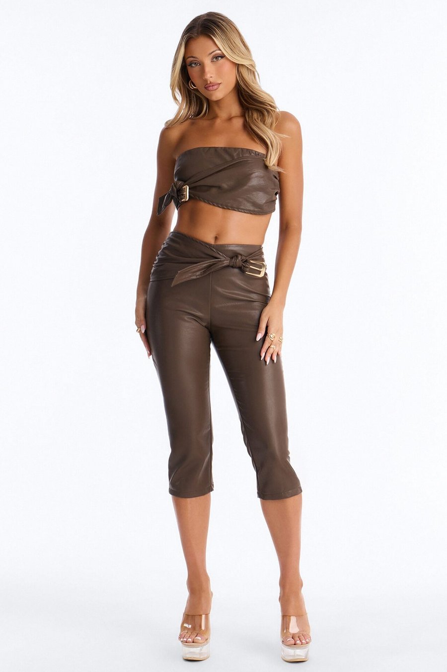 Siren Faux Leather Capri Set - Brown