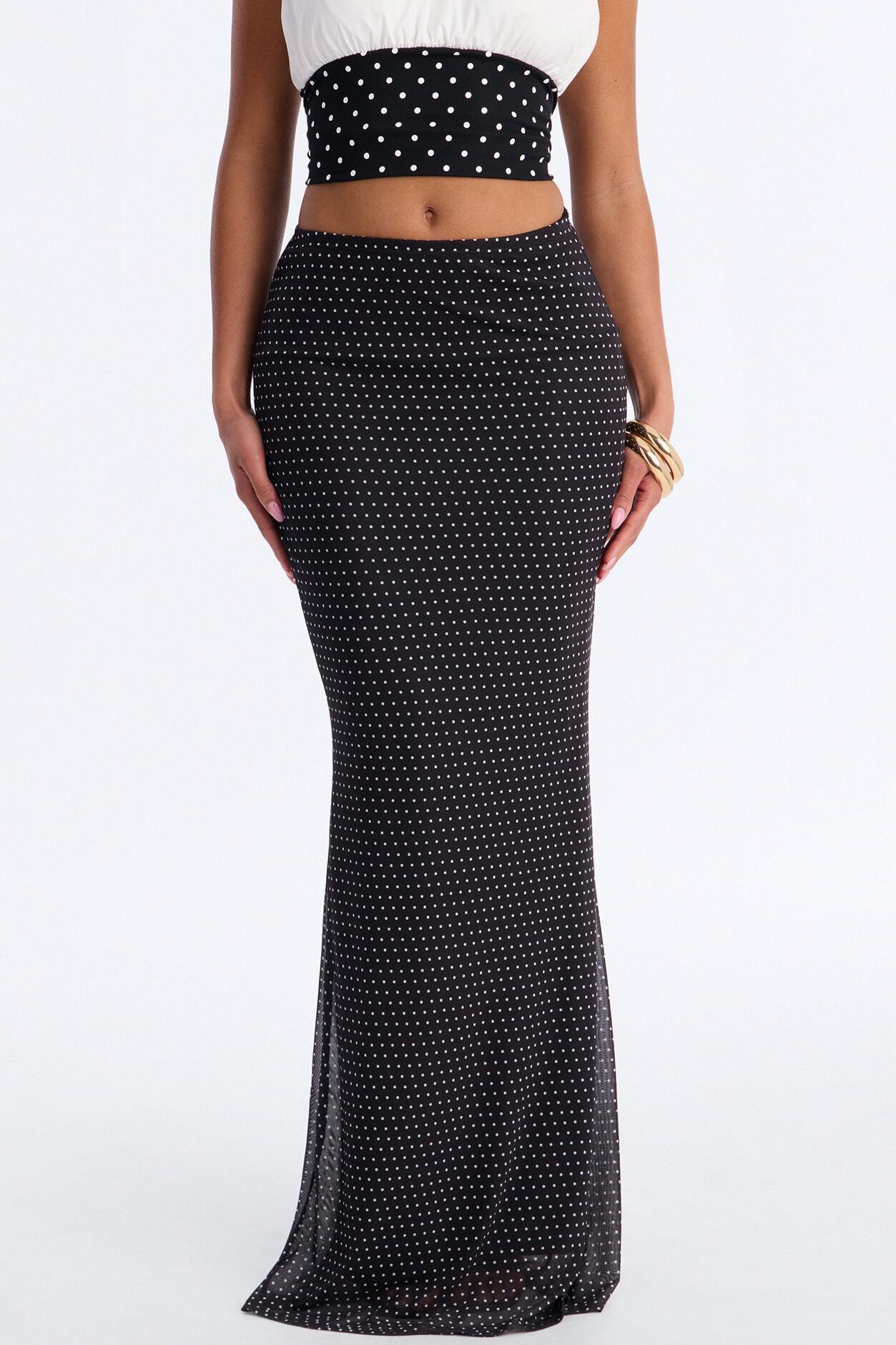 Madeline Polka Dot Mermaid Mesh Maxi Skirt - Black/White