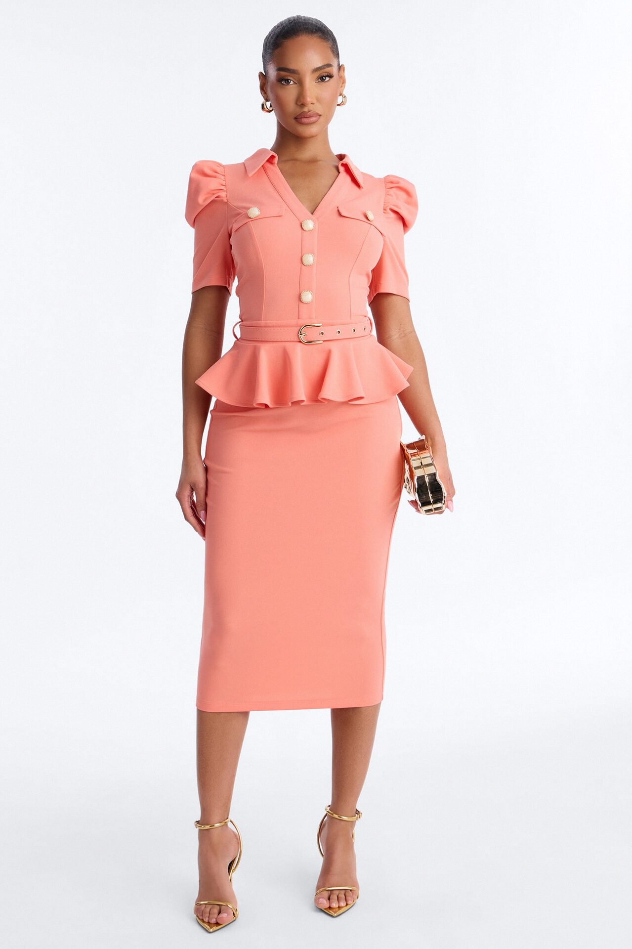 Kathryn Ruffle Sleeve Crepe Knit Midi Dress - Coral