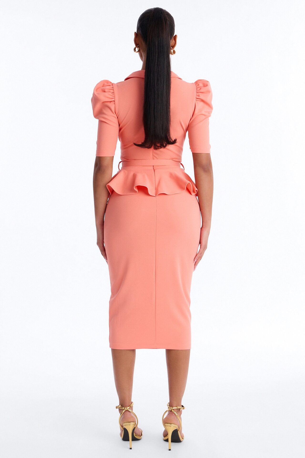 Kathryn Ruffle Sleeve Crepe Knit Midi Dress - Coral
