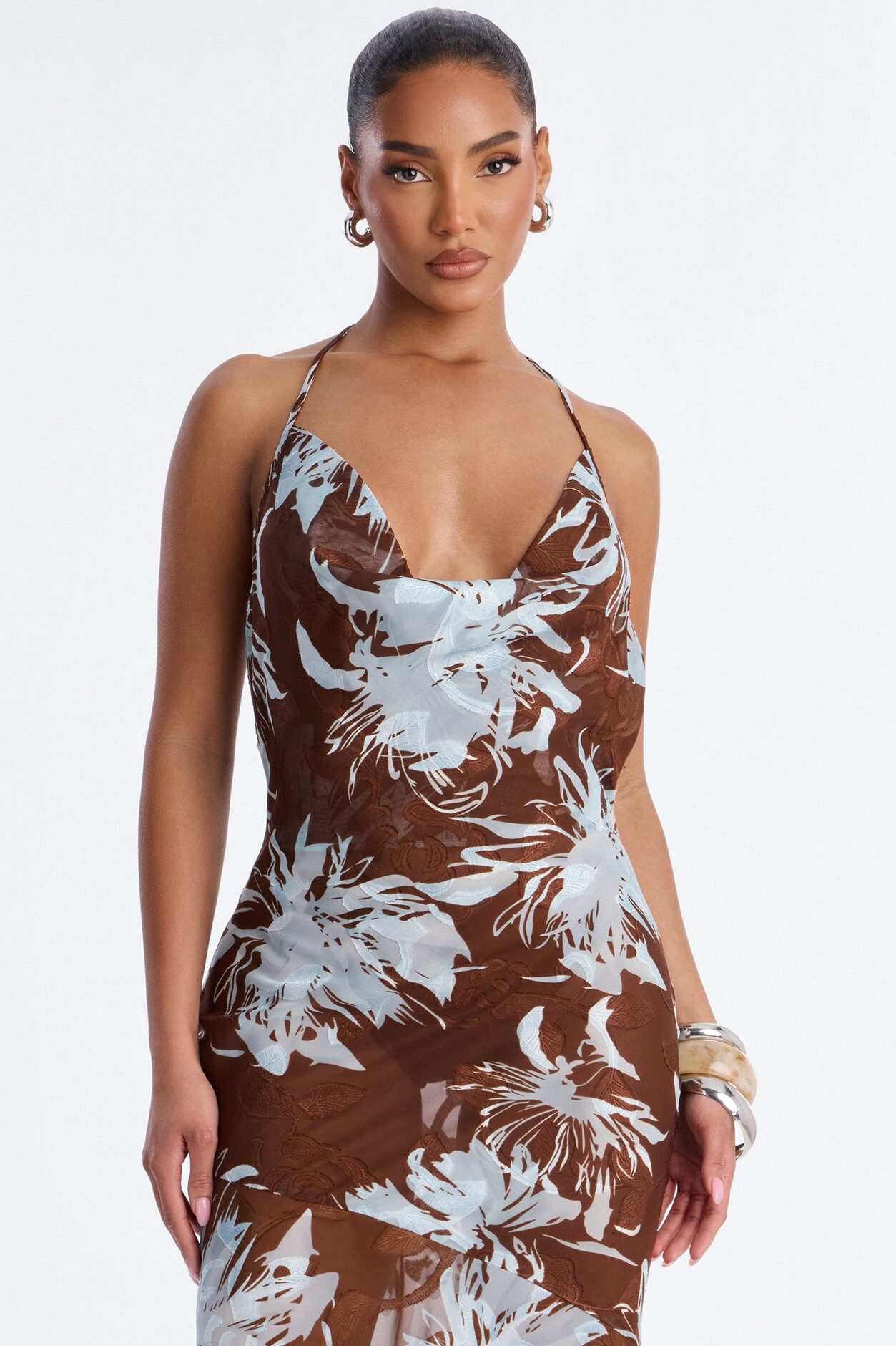 Soleil Sheer Metallic Maxi Dress - Brown/combo
