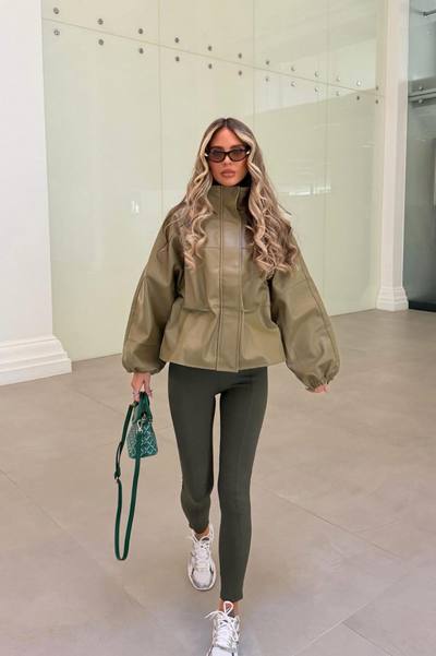 Effortless Funnel Neck Faux Leather Anorak - Olive