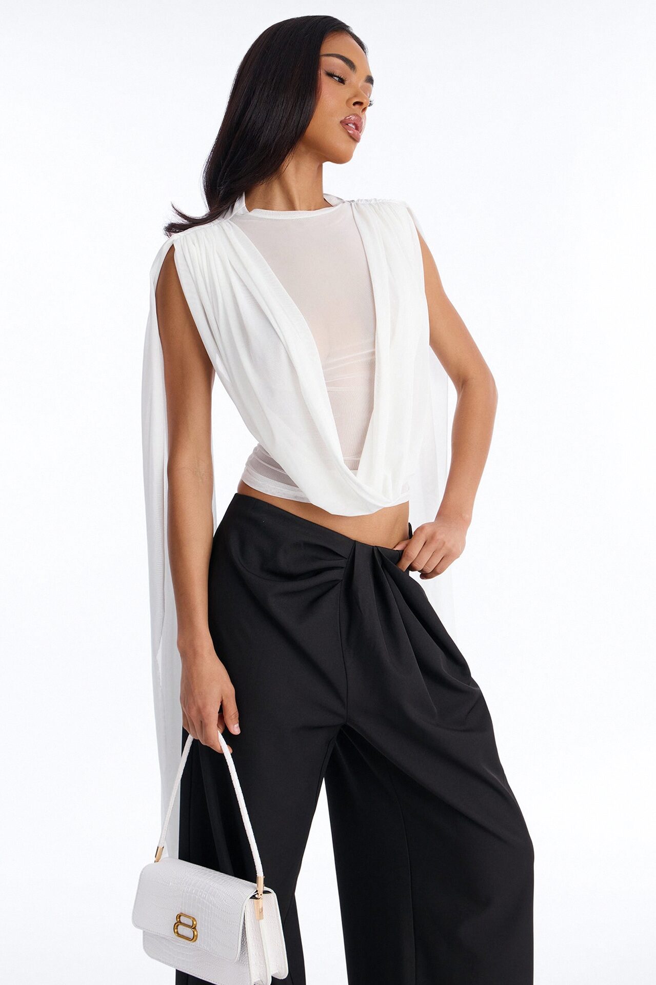Ethereal Energy Mesh Mock Neck Drape Top - White