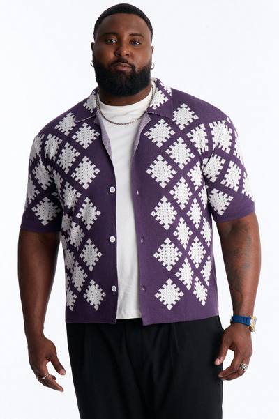 Relaxed Wave Side Crochet Cuban Collar Button Up Shirt - Purple