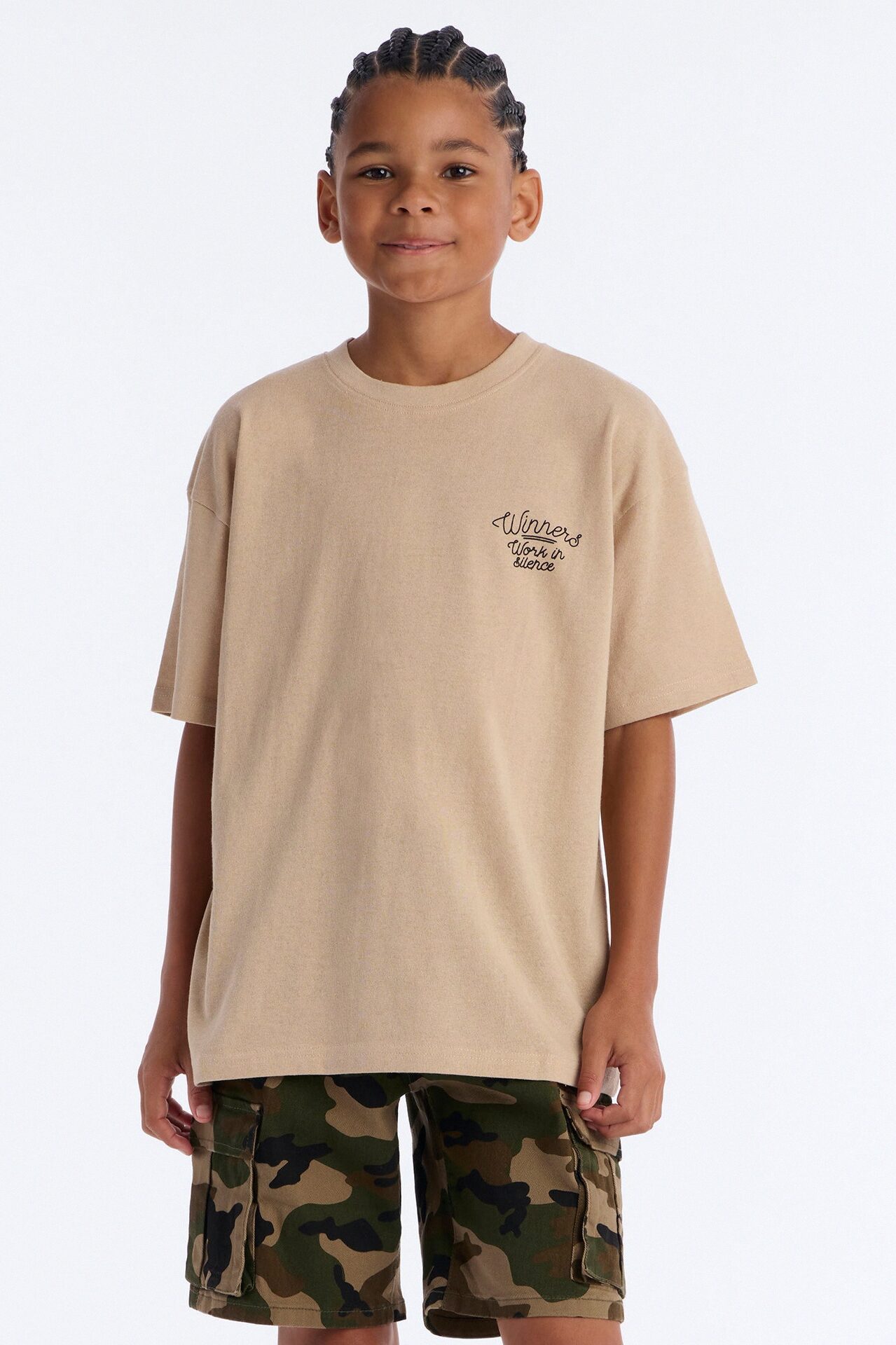 Mini Pray And Paper Chase Embroidery Short Sleeve Tee - Khaki