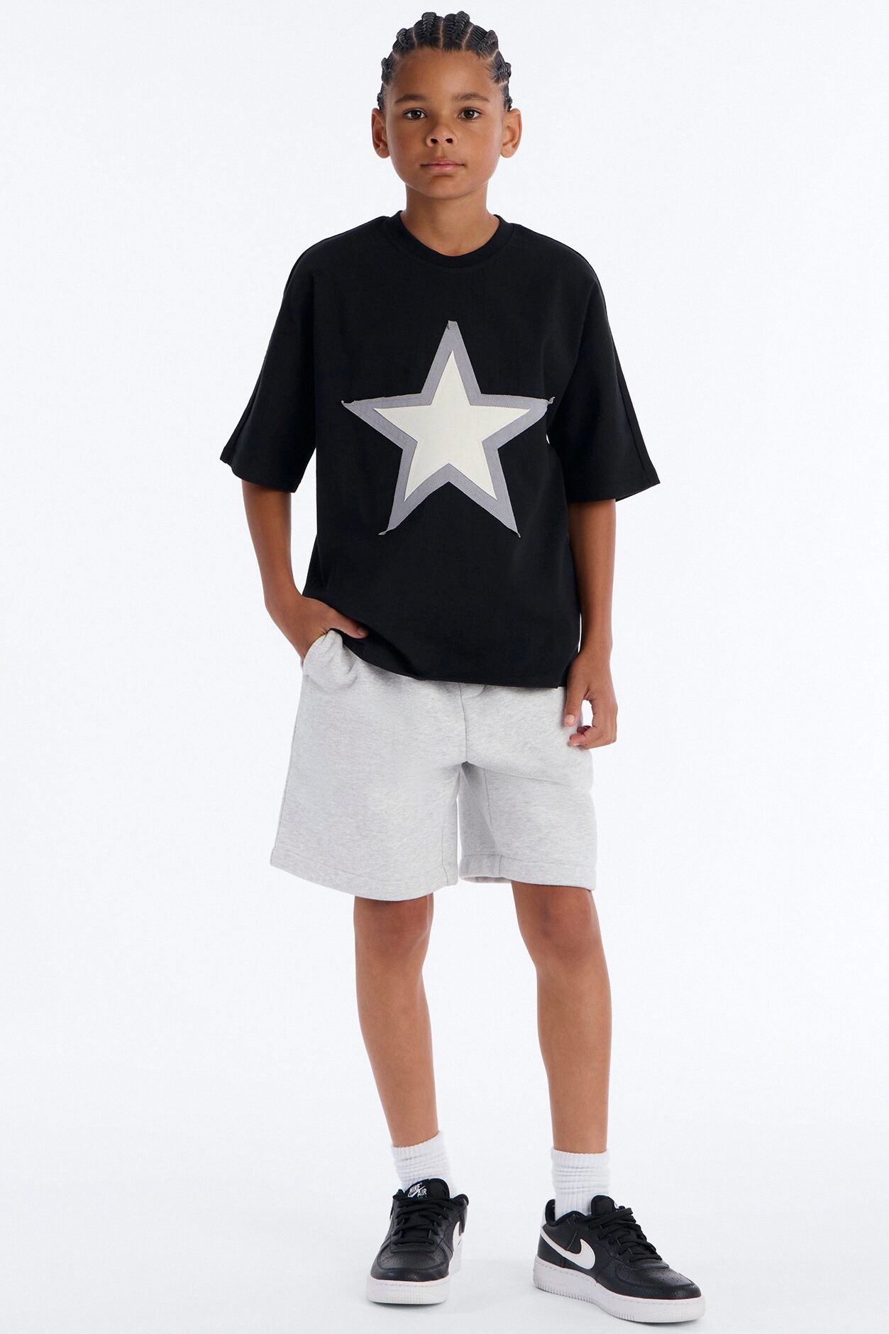 Mini Premium Oversized Star Patch Short Sleeve Tee - Black