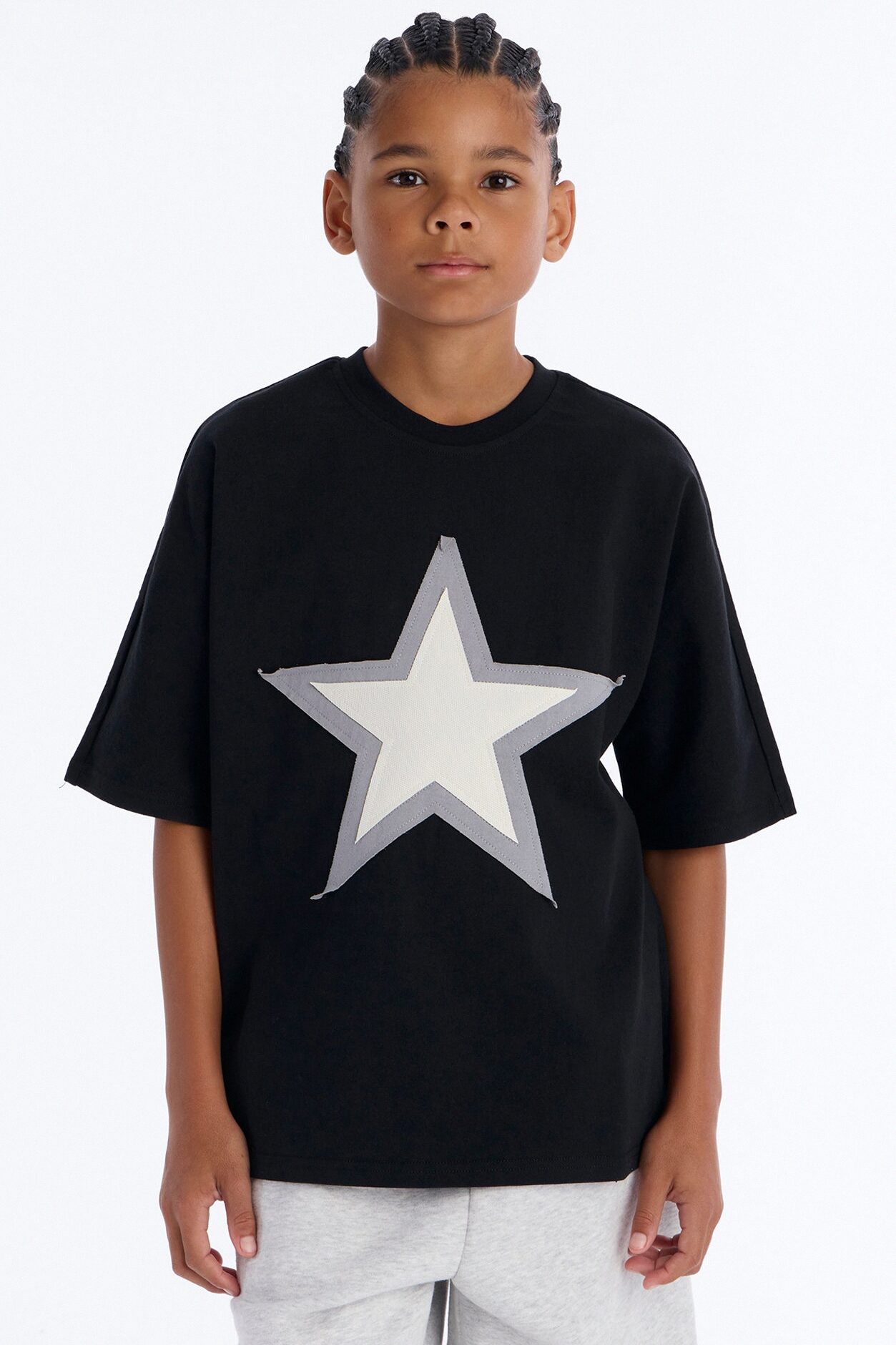 Mini Premium Oversized Star Patch Short Sleeve Tee - Black