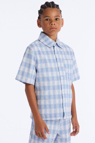 Mini Chess Check Seersucker Button Up Shirt - Blue