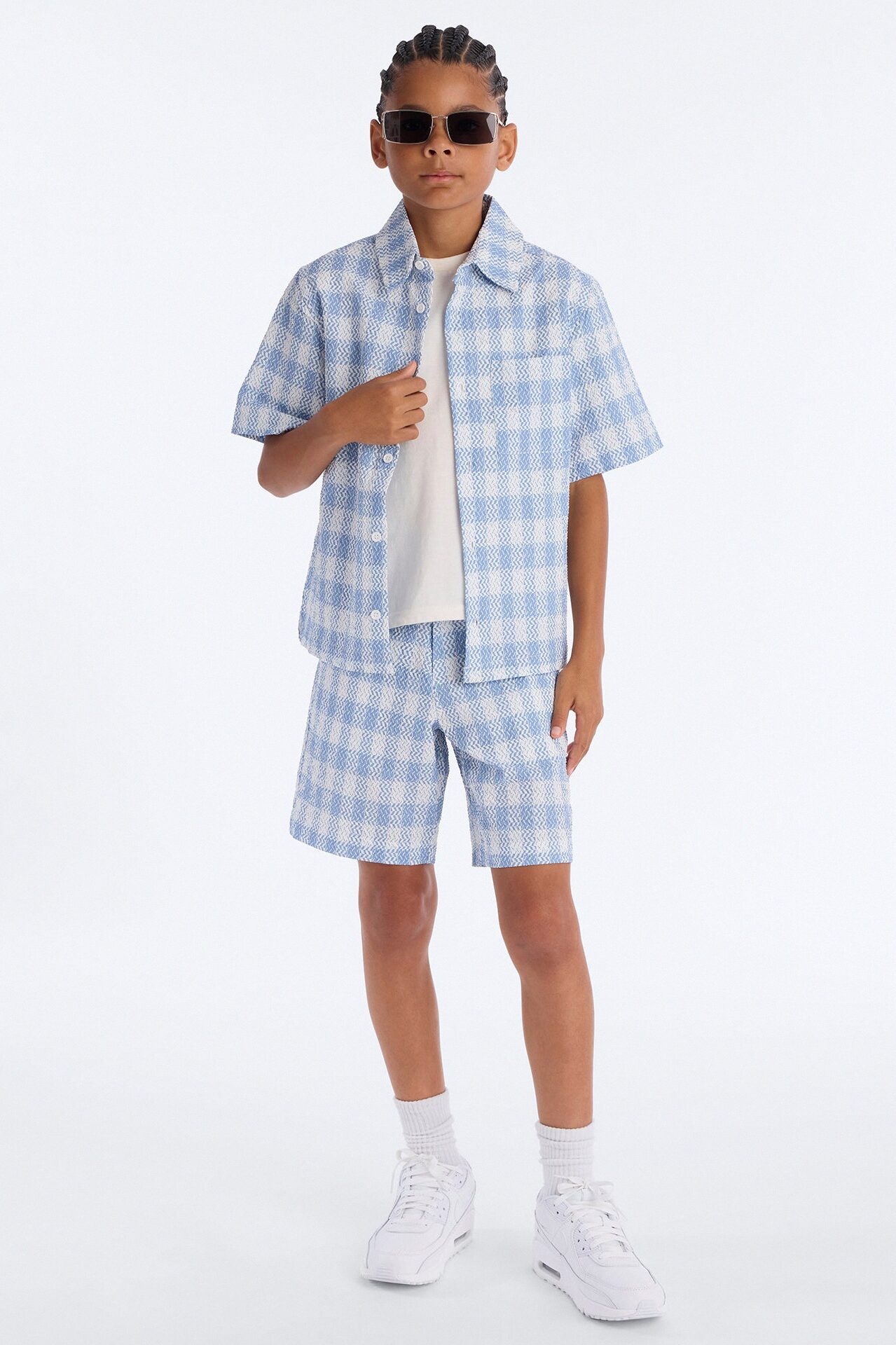 Mini Chess Check Seersucker Button Up Shirt - Blue