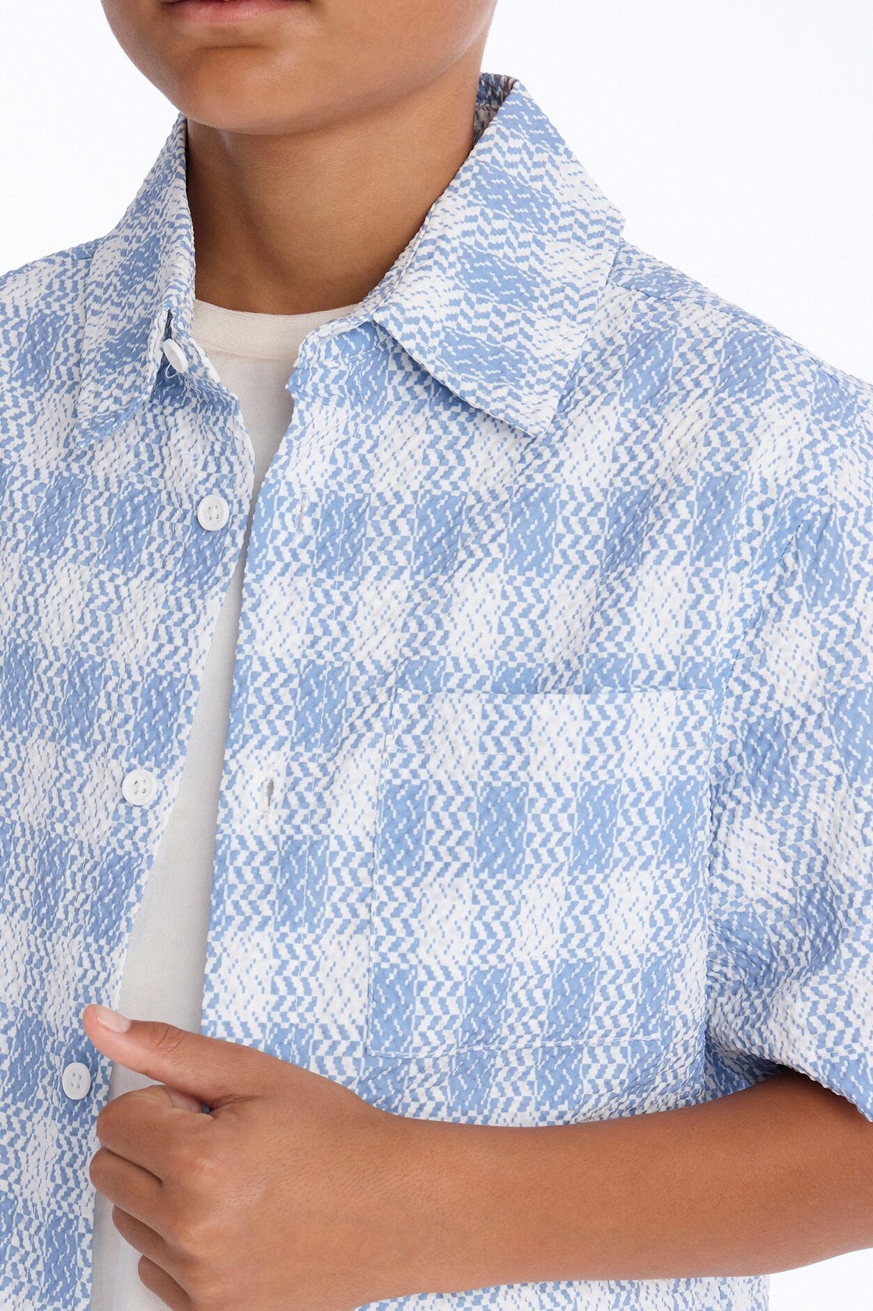 Mini Chess Check Seersucker Button Up Shirt - Blue