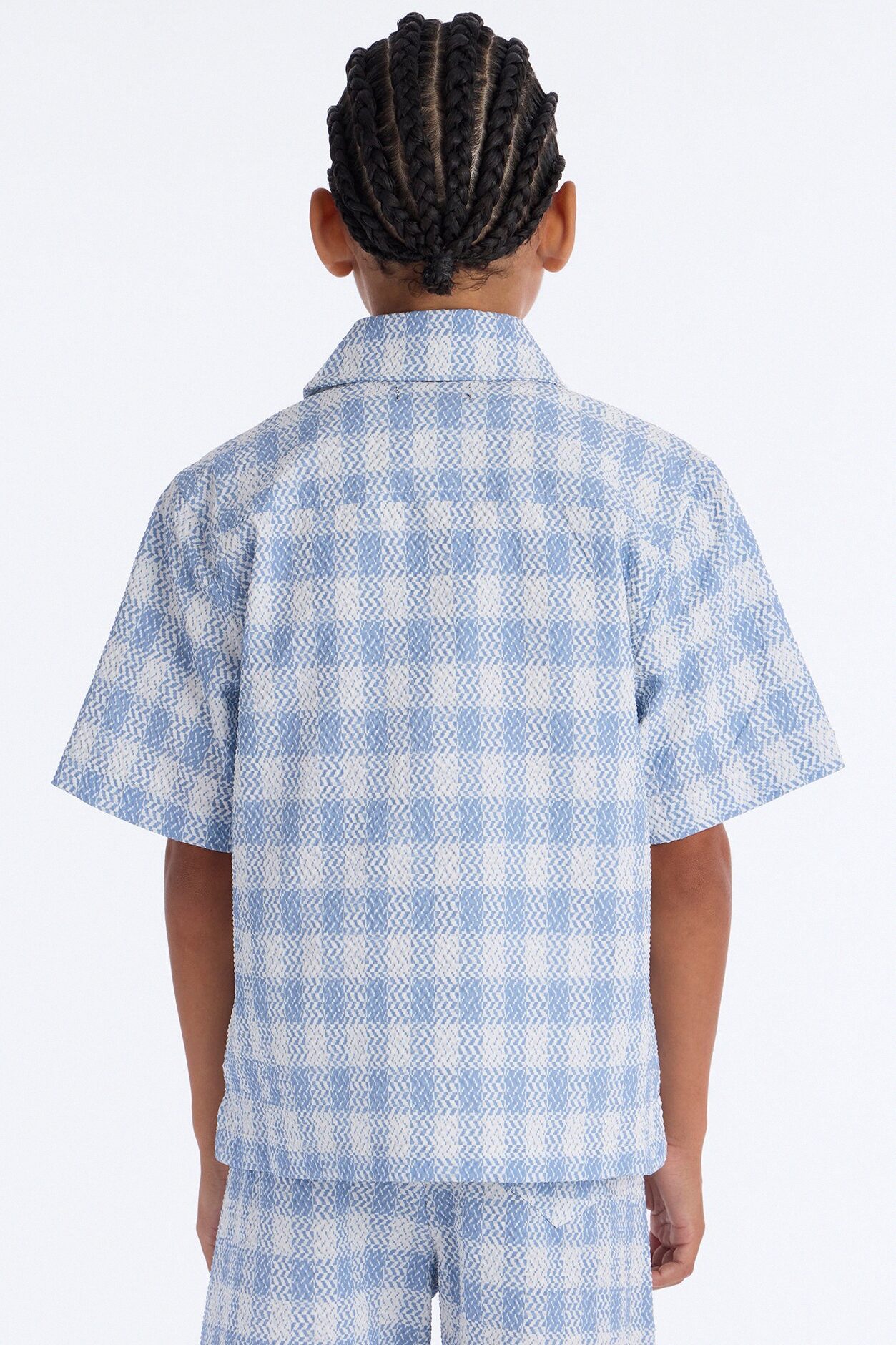 Mini Chess Check Seersucker Button Up Shirt - Blue