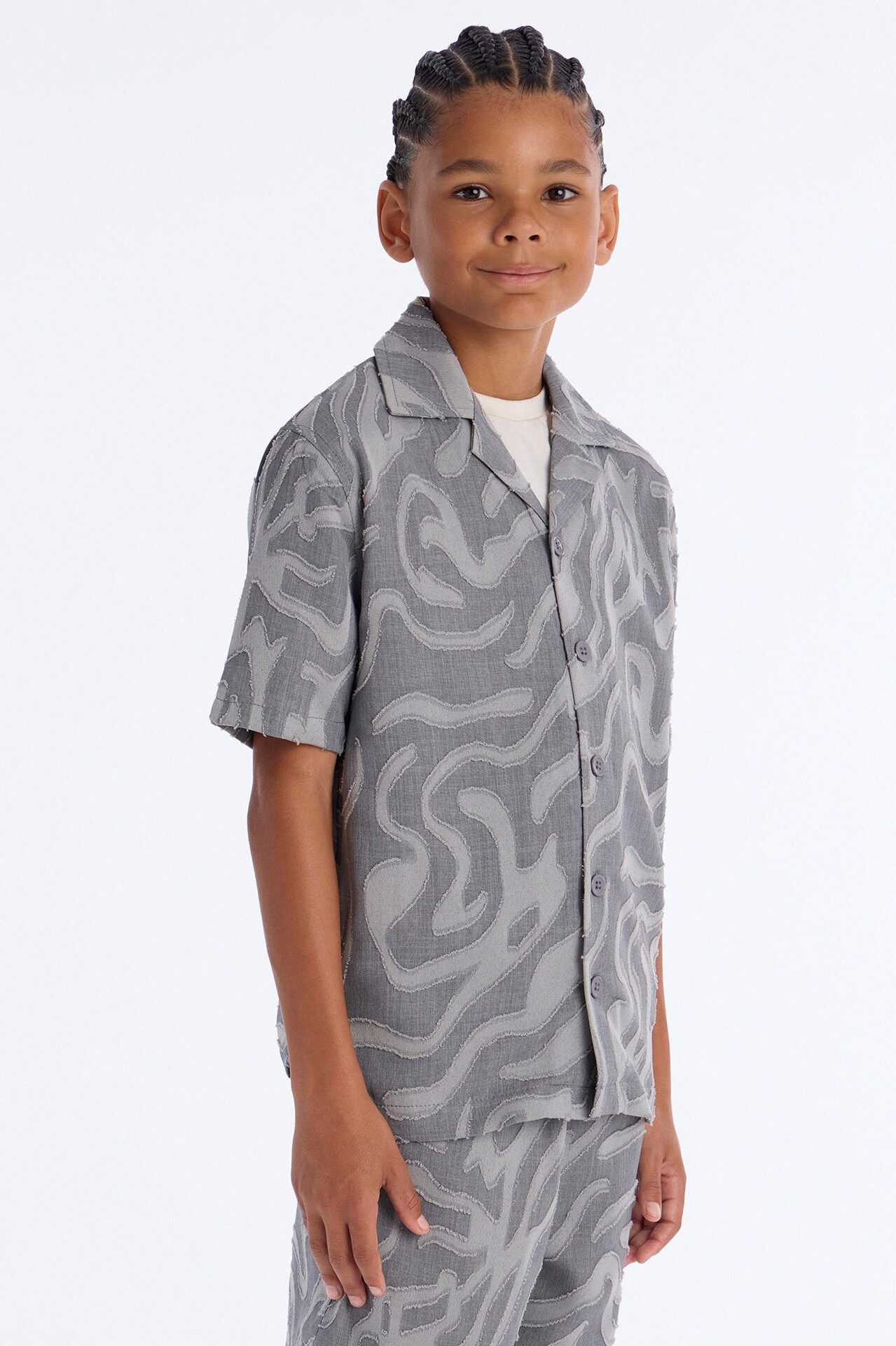 Mini Midnight Wave Cuban Button Up Shirt - Grey