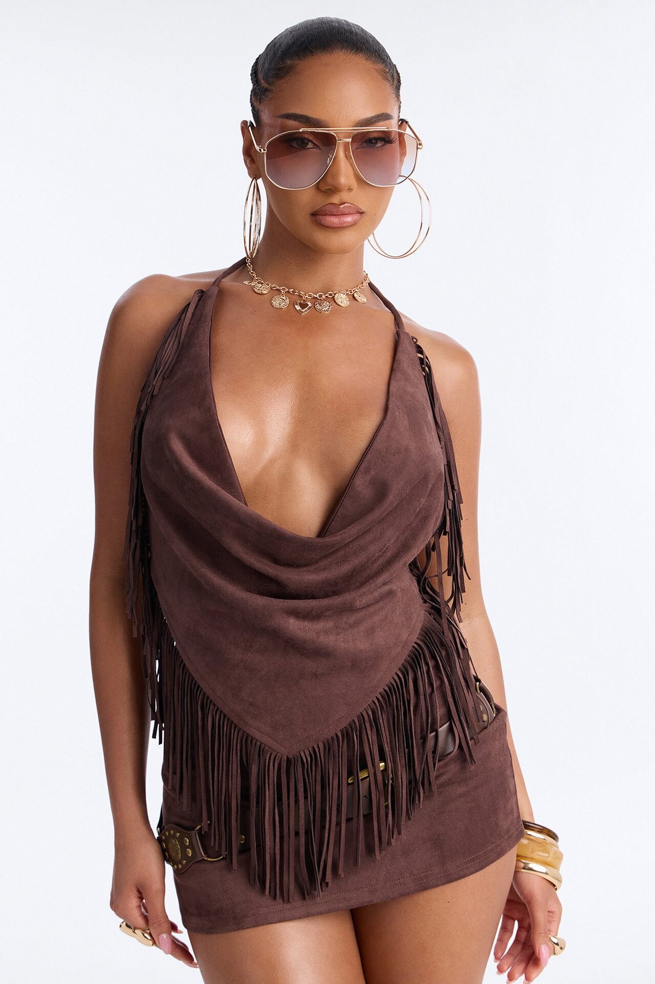 Rent Free Faux Suede Fringe Halter Skirt Set - Chocolate