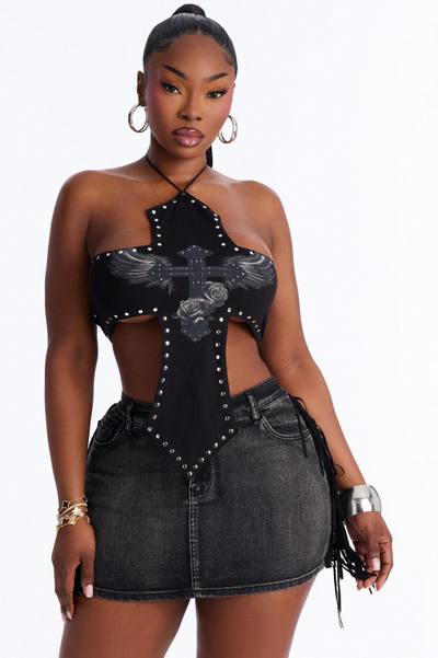 Wings Of An Angel Studded Halter Top - Black