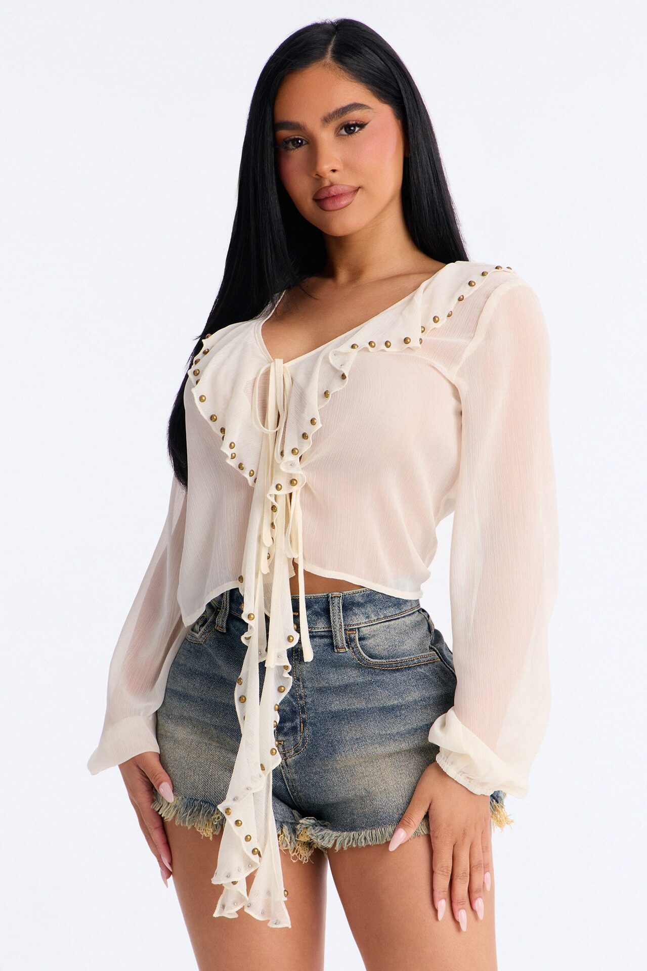 Sweet Like Spring Studded Chiffon Tie Front Top - Cream