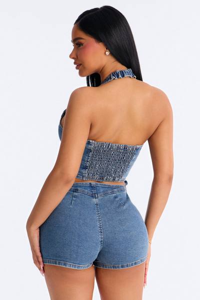 Cyndi Denim Halter Romper - Medium Wash