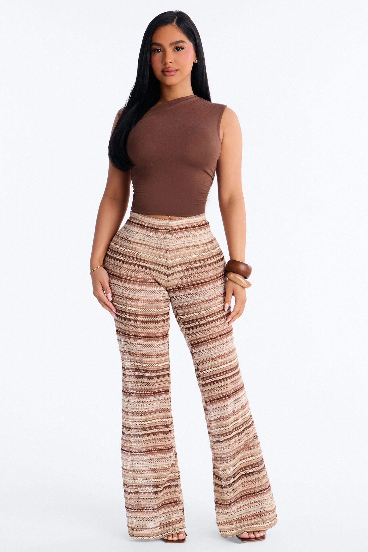 On The Beach Low Rise Crochet Flare Pant 33″ - Brown/combo