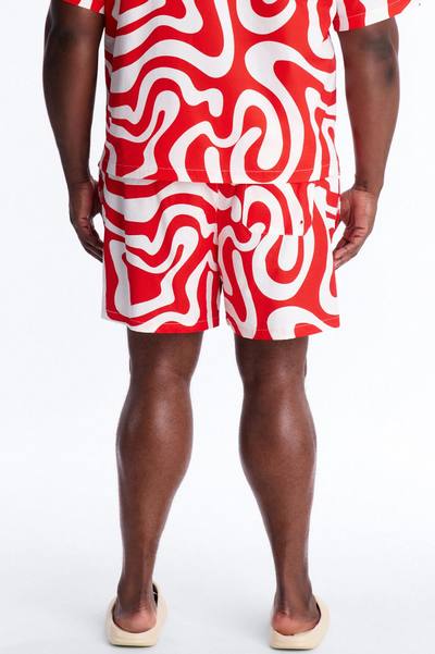 Groovy Abstract Printed Seersucker Swim Trunk 6″ - Red