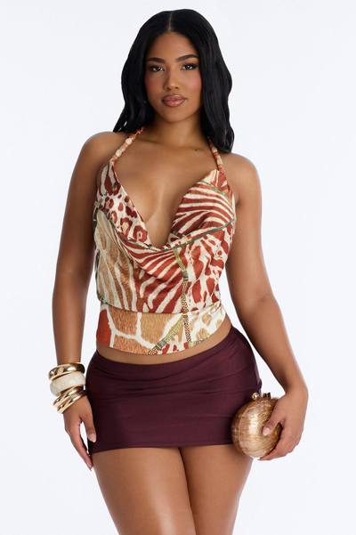 Lost In The Jungle Beaded Satin Halter Top - Multi Color