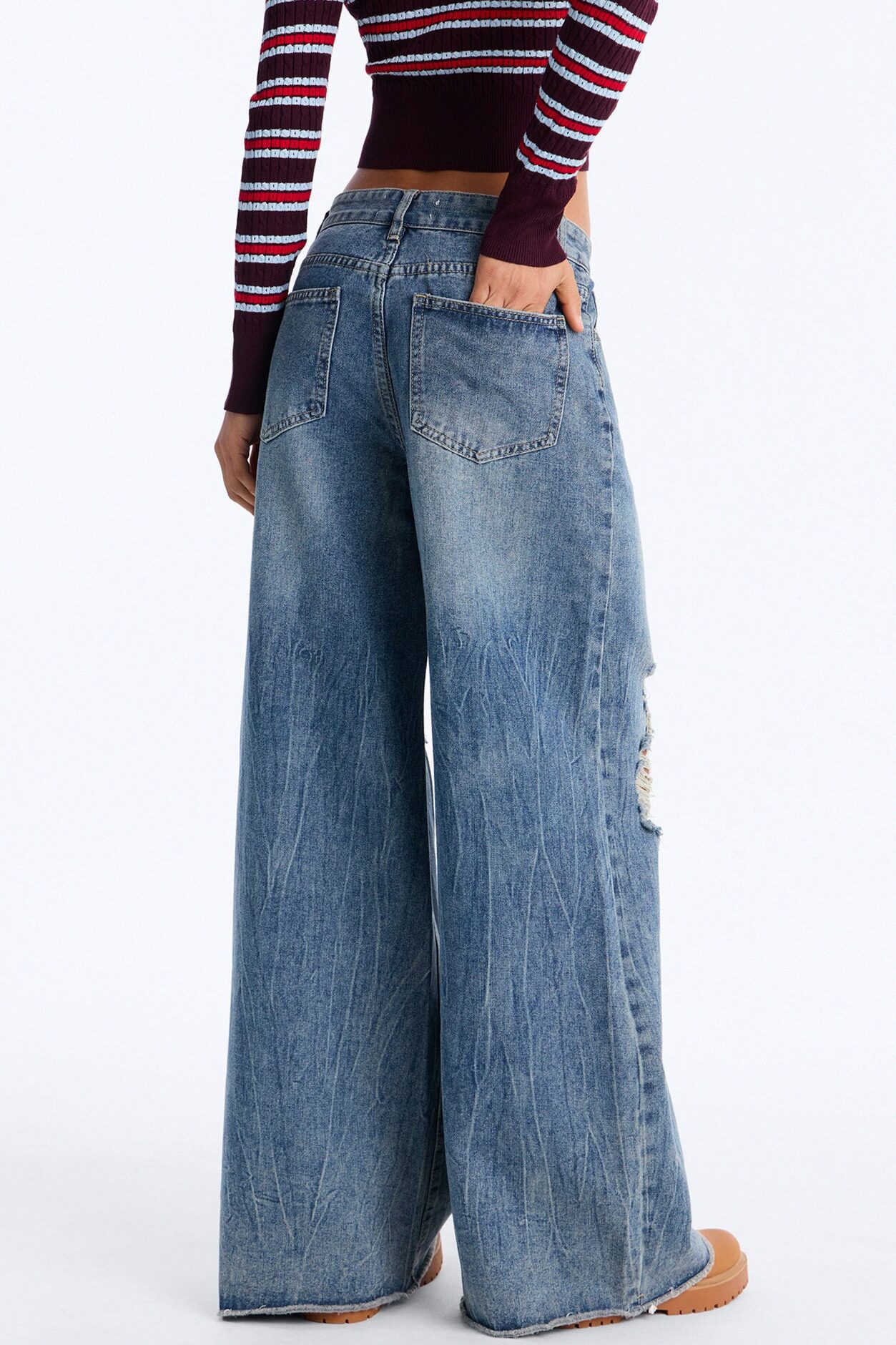 Countless Times Ripped Wide Leg Jeans - Medium Wash