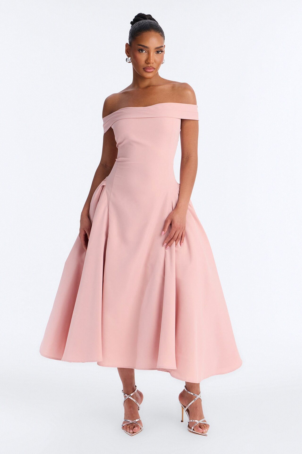 Chelsea Off Shoulder Pleated Midi Dress - Mauve