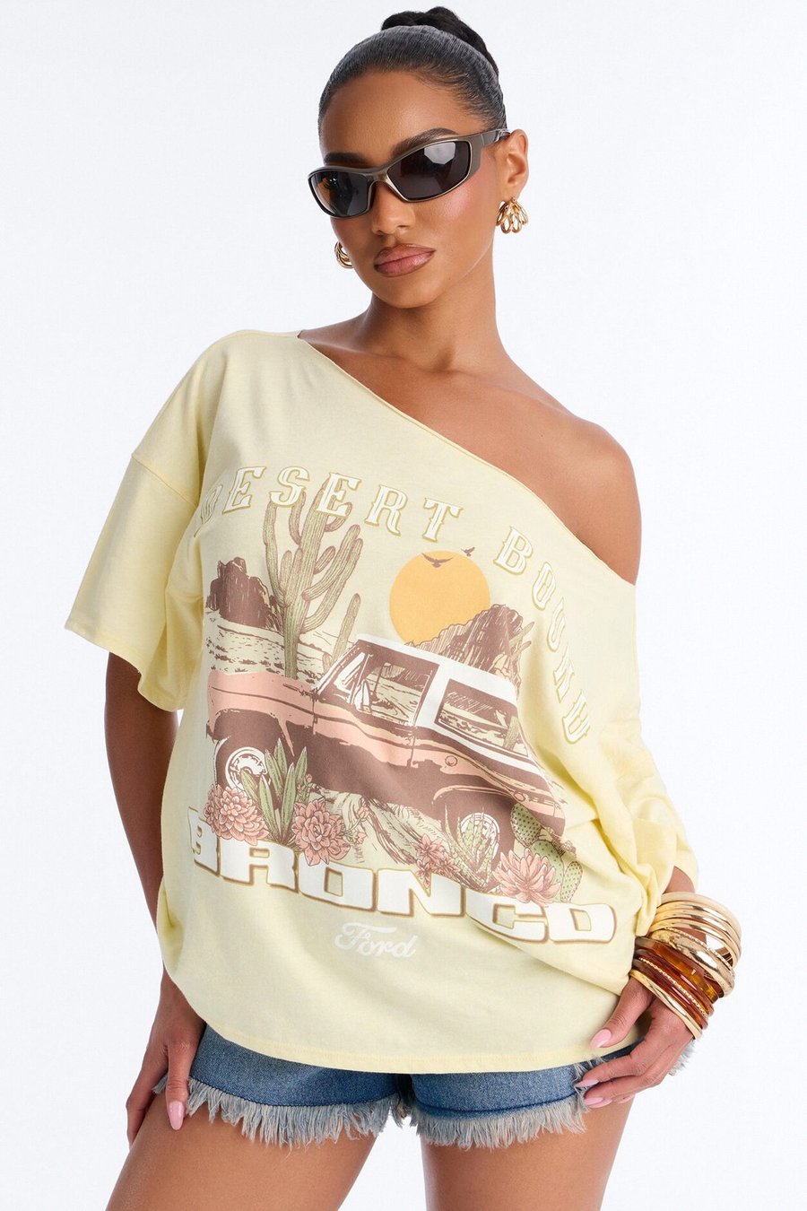 Bronco Off Shoulder Cropped Tee - Yellow