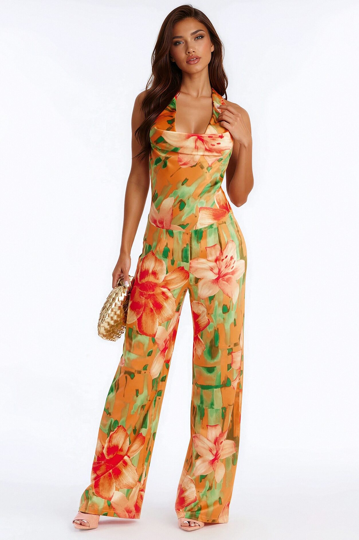 Tiana Tropical Cowl Neck Jumpsuit - Orange