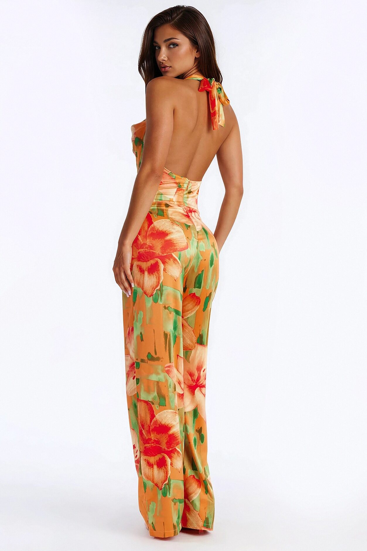 Tiana Tropical Cowl Neck Jumpsuit - Orange