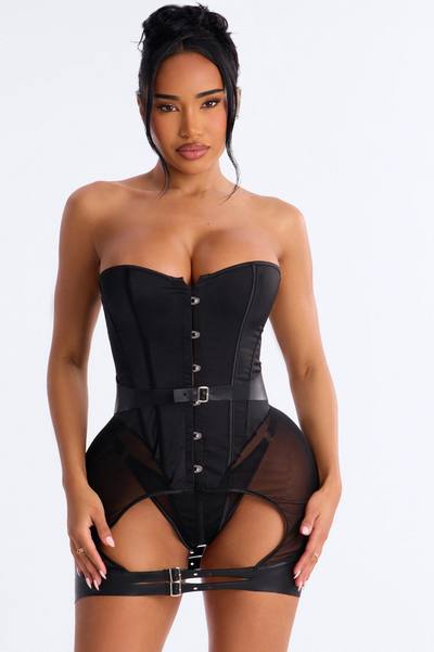 Jade Satin Corset Chemise - Black