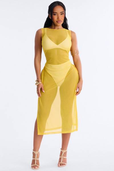 Sheer Thing Mesh Swim Cover Up Dress - Mustard